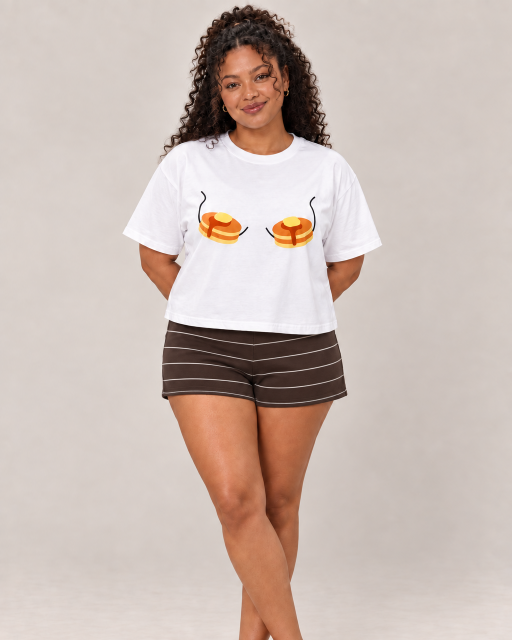Pancakes for Boobs Crop Top, front view, model wears L