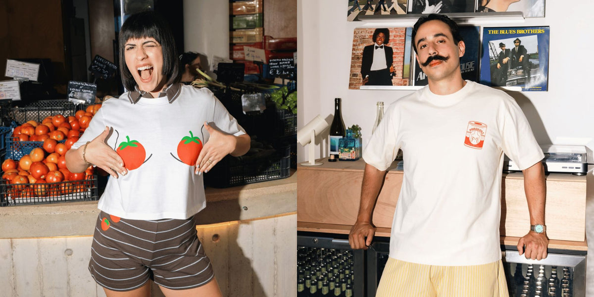 A split-screen lifestyle image showing a man and a woman wearing matching white graphic t-shirts with red tomato prints. The woman is standing in a produce market setting, and the man is in a room with vinyl records and a mixing board.