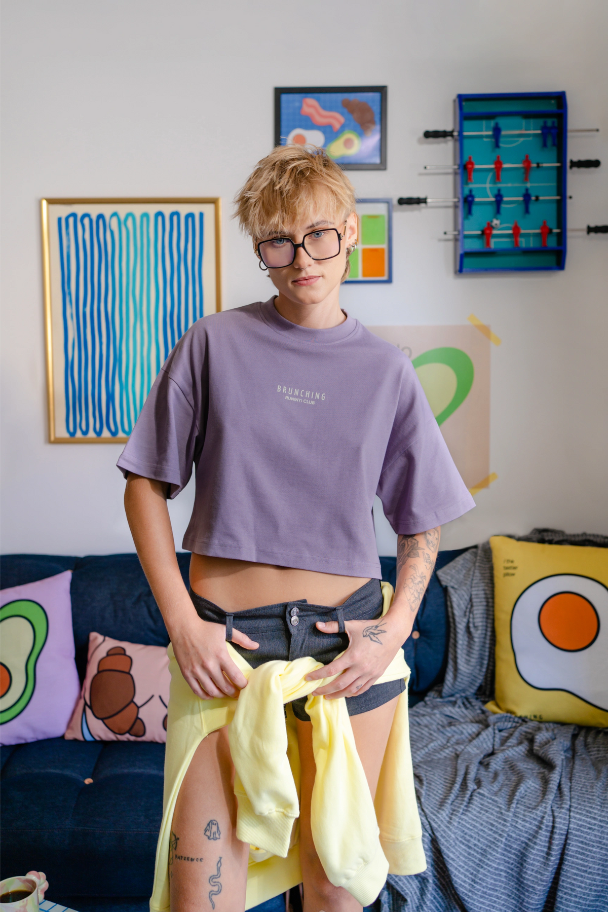 Run(ny) Club Crop Top, front view showing the details, model wears S